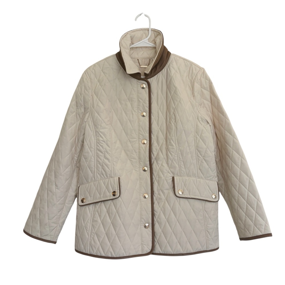Chico's Beige Quilted Puffer with Dark Brown Accents